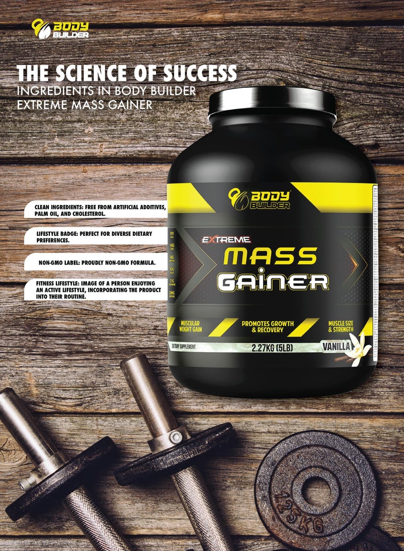 Extreme Mass Gainer - Vanilla Flavor, 5 LB - BCAAs, Glutamine, Digestive Enzymes,Muscle Growth, Weight Gainer