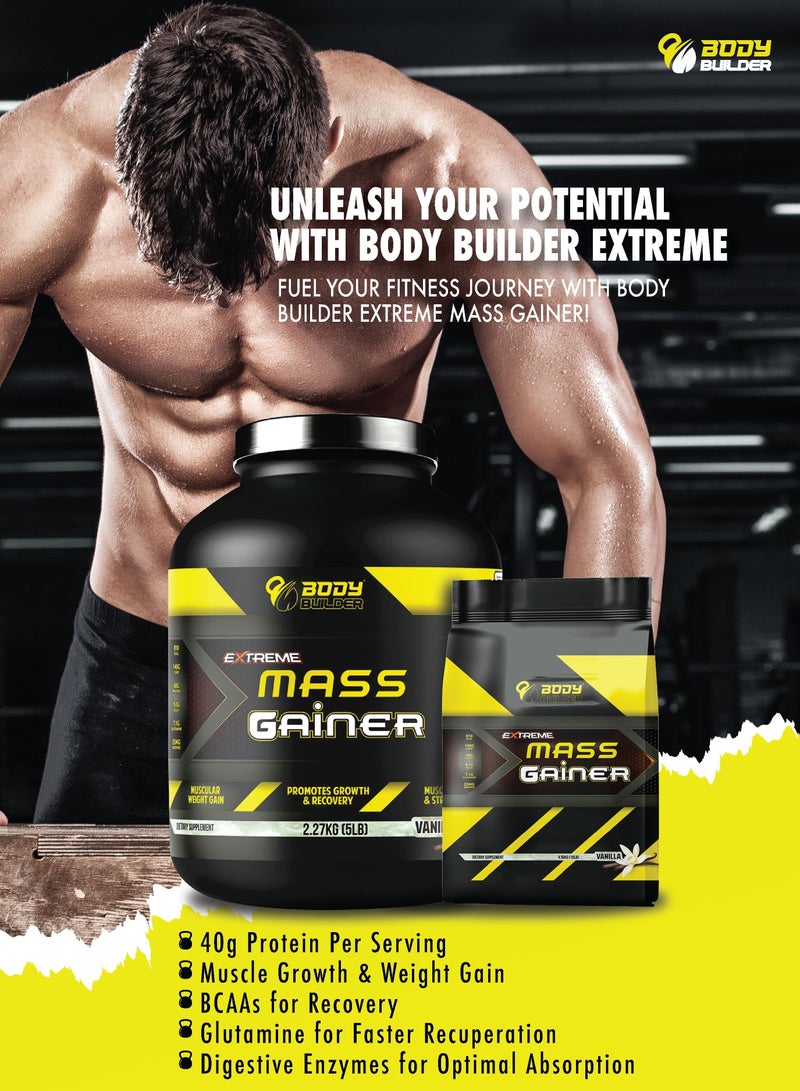 Extreme Mass Gainer - Vanilla Flavor, 5 LB - BCAAs, Glutamine, Digestive Enzymes,Muscle Growth, Weight Gainer