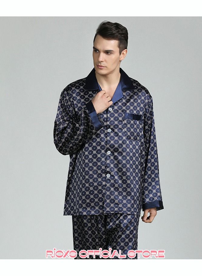 Men's 2 Pcs Satin Pajamas Set Silk Long Sleeve Top And Pants Button Up Sleepwear Classic Loungewear Nightwear Pajamas Set