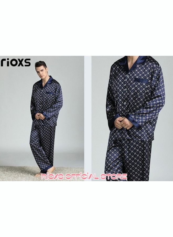 Men's 2 Pcs Satin Pajamas Set Silk Long Sleeve Top And Pants Button Up Sleepwear Classic Loungewear Nightwear Pajamas Set