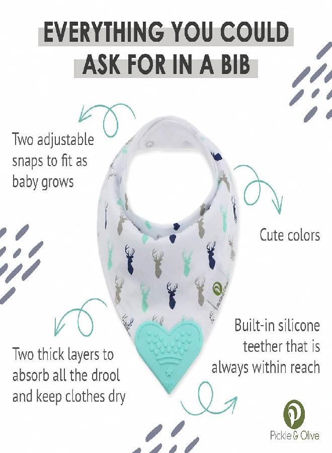 Pickle & Olive Baby Bandana Teething Bibs with Attached Silicone Teether, Set Of 4 - Blue Deer