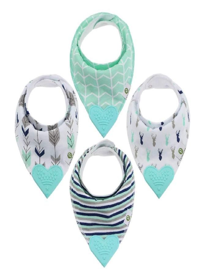 Pickle & Olive Baby Bandana Teething Bibs with Attached Silicone Teether, Set Of 4 - Blue Deer