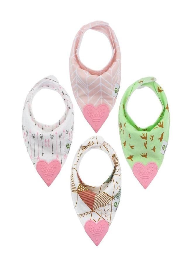 Baby Girl Bandana Teething Bibs - Attached Heart Teether - Set of 4 - Pink