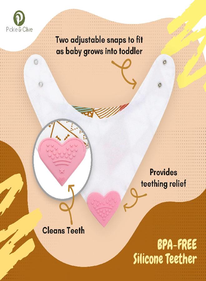 Baby Girl Bandana Teething Bibs - Attached Heart Teether - Set of 4 - Pink