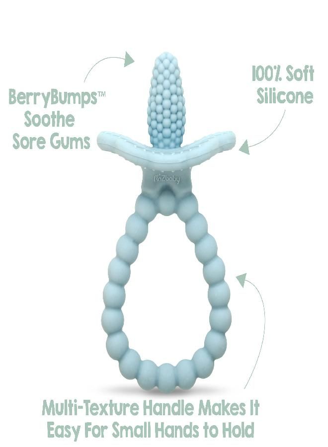 RaZbaby Silicone Baby Teether, BerryBumps Textured Silicone Soothes Babies’ Sore Gums, Infant Front and Back Teething Relief Toy, BPA Free, Easy-to-Hold, RaZberry Plus Fruit Shape, 3M+ - Blue