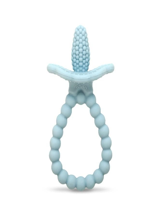 RaZbaby Silicone Baby Teether, BerryBumps Textured Silicone Soothes Babies’ Sore Gums, Infant Front and Back Teething Relief Toy, BPA Free, Easy-to-Hold, RaZberry Plus Fruit Shape, 3M+ - Blue
