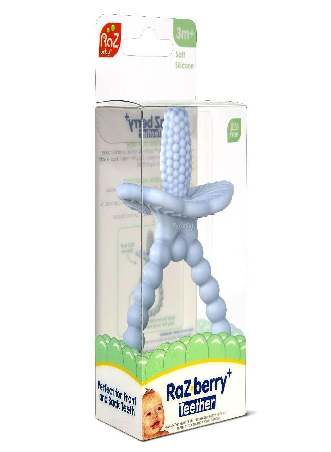 RaZbaby Silicone Baby Teether, BerryBumps Textured Silicone Soothes Babies’ Sore Gums, Infant Front and Back Teething Relief Toy, BPA Free, Easy-to-Hold, RaZberry Plus Fruit Shape, 3M+ - Blue