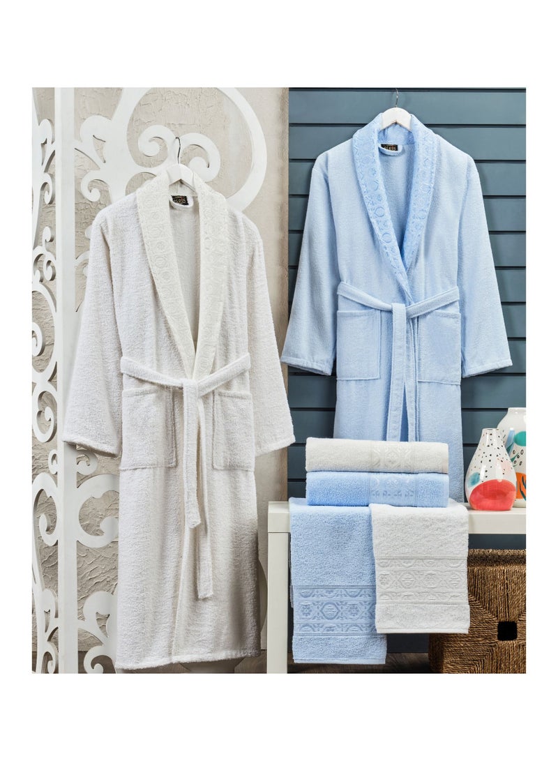 6-Piece Turkish Terry Cotton Jacquard Family Bathrobe Set 420 GSM with Matching Bath Towels and Hand Towels in Gift Box Sky Blue/Off White