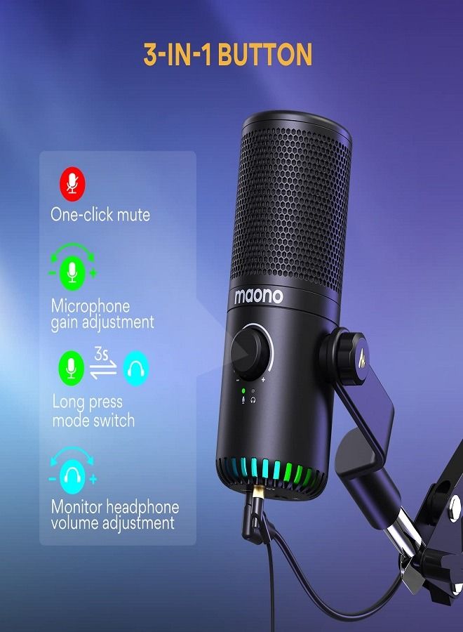 USB Gaming Microphone for PC,Programmable Condenser Mic with RGB Light,Mute,Gain,Monitoring,Volume Control for Streaming,Podcast,Twitch,YouTube,Discord,Computer,Mac,PS5