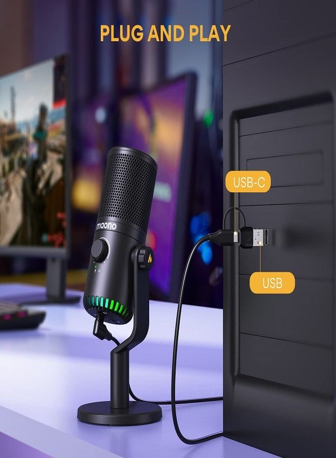 USB Gaming Microphone for PC,Programmable Condenser Mic with RGB Light,Mute,Gain,Monitoring,Volume Control for Streaming,Podcast,Twitch,YouTube,Discord,Computer,Mac,PS5