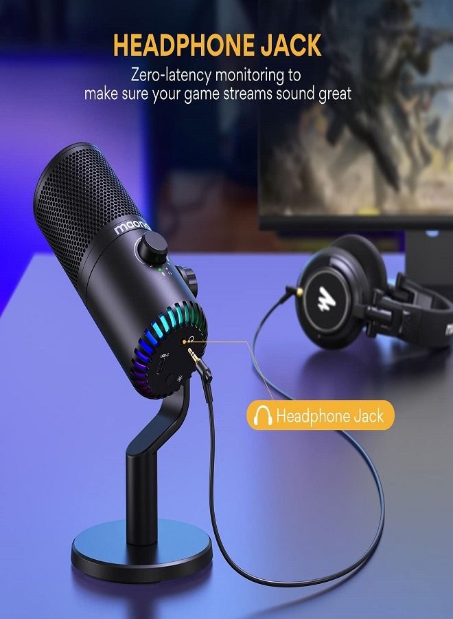 USB Gaming Microphone for PC,Programmable Condenser Mic with RGB Light,Mute,Gain,Monitoring,Volume Control for Streaming,Podcast,Twitch,YouTube,Discord,Computer,Mac,PS5