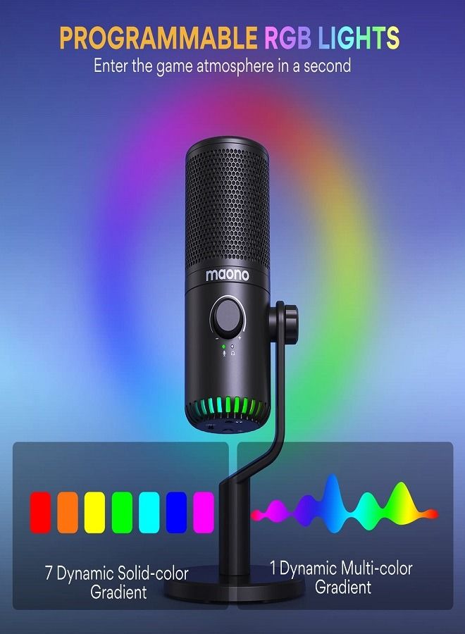 USB Gaming Microphone for PC,Programmable Condenser Mic with RGB Light,Mute,Gain,Monitoring,Volume Control for Streaming,Podcast,Twitch,YouTube,Discord,Computer,Mac,PS5