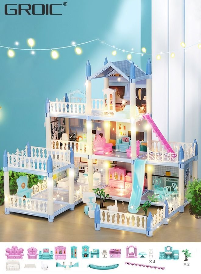 Doll House, 3 Stories 8 Rooms 1 Balcony, Dollhouse Sets with Dolls, Led Light & Slide, Furniture and Accessories, DIY Building Pretend Play Doll House, Playing House Building Playset