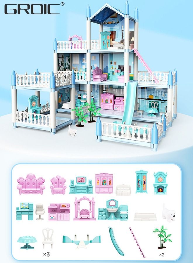 Doll House, 3 Stories 8 Rooms 1 Balcony, Dollhouse Sets with Dolls, Led Light & Slide, Furniture and Accessories, DIY Building Pretend Play Doll House, Playing House Building Playset