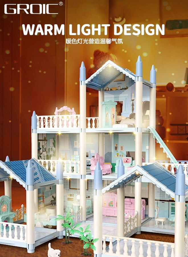 Doll House, 3 Stories 8 Rooms 1 Balcony, Dollhouse Sets with Dolls, Led Light & Slide, Furniture and Accessories, DIY Building Pretend Play Doll House, Playing House Building Playset