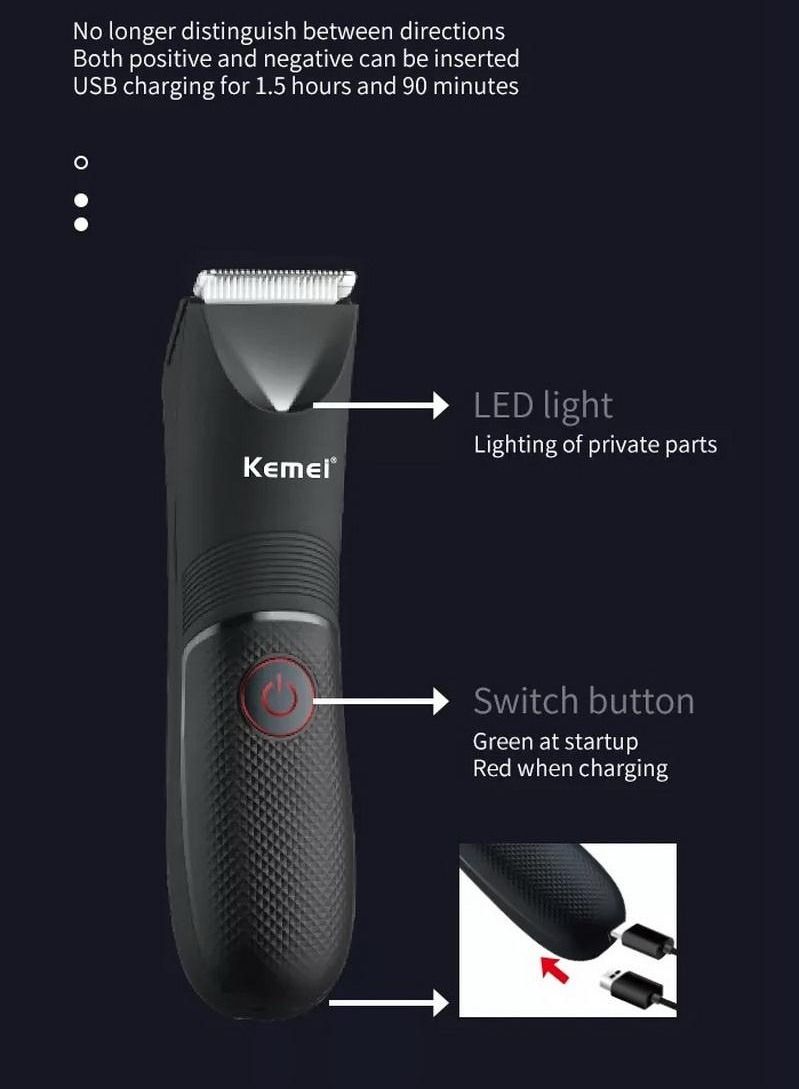 Hair Trimmer Professional Body Hair Remover KM-1838 for Men and Women Waterproof Charge for 1.5 Hours Use for 90 Mins with LED Light