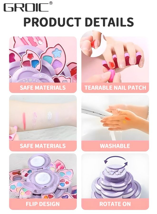 16 PCS Kids Makeup Kit Washable Makeup Kit, Girl Toys Real Cosmetic Makeup Set with Rotating Case, Safe & Non-Toxic Makeup Toy Set Pretend Makeup Beauty Portable Makeup Flower Box Kit