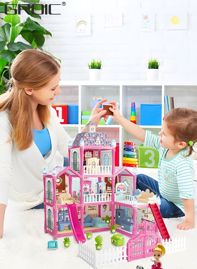 Doll House, 3 Stories 8 Rooms 1 Balcony, Dollhouse Sets with Dolls, Chimney & Slide, Furniture and Accessories, DIY Building Pretend Play Doll House, Playing House Building Playset