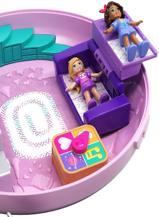 Polly Pocket Playset, Travel Toy with 2 Micro Dolls & Surprise Accessories, Pocket World Donut Pajama Party Compact, Food Toy