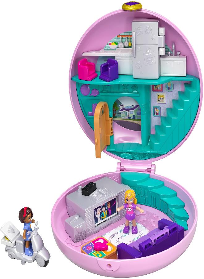 Polly Pocket Playset, Travel Toy with 2 Micro Dolls & Surprise Accessories, Pocket World Donut Pajama Party Compact, Food Toy