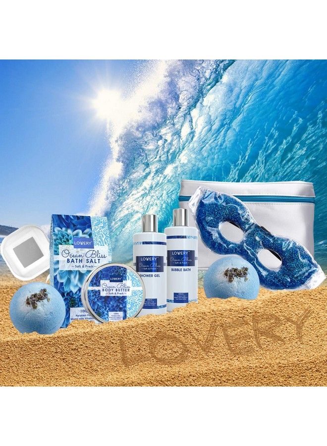 Fathers Day Gifts Home Spa Gift Baskets For Women Bath And Body Gift Bag Ocean Bliss Spa Set Glittery Reusable Hot & Cold Eye Mask Body Lotion 2 Exlarge Bath Bombs Travel Cosmetics Bag & More