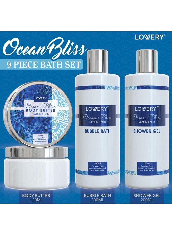 Fathers Day Gifts Home Spa Gift Baskets For Women Bath And Body Gift Bag Ocean Bliss Spa Set Glittery Reusable Hot & Cold Eye Mask Body Lotion 2 Exlarge Bath Bombs Travel Cosmetics Bag & More
