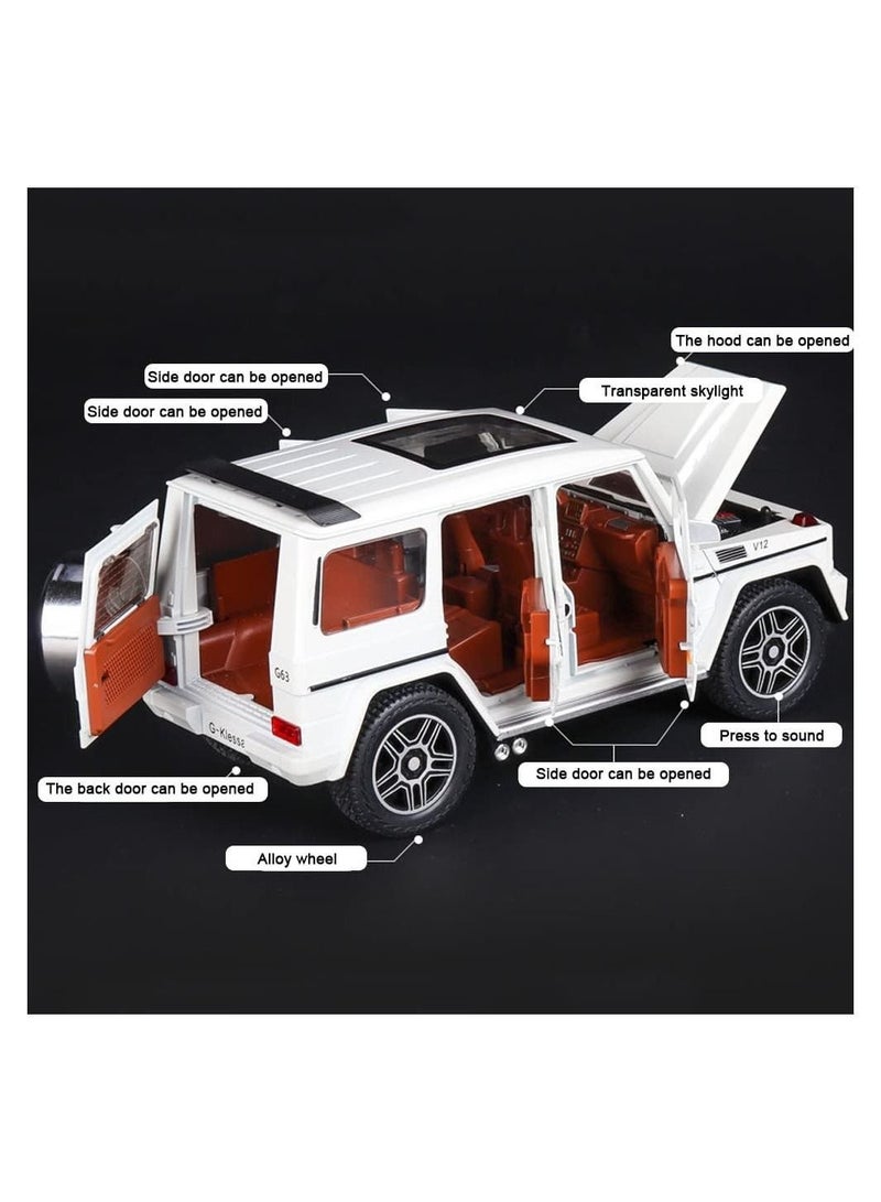 Exquisite car Model 1/24 Benz G63 AMG Car, Zinc Alloy Pull Back Toy with Sound and Light for Kids Boy Girl Gift (White)