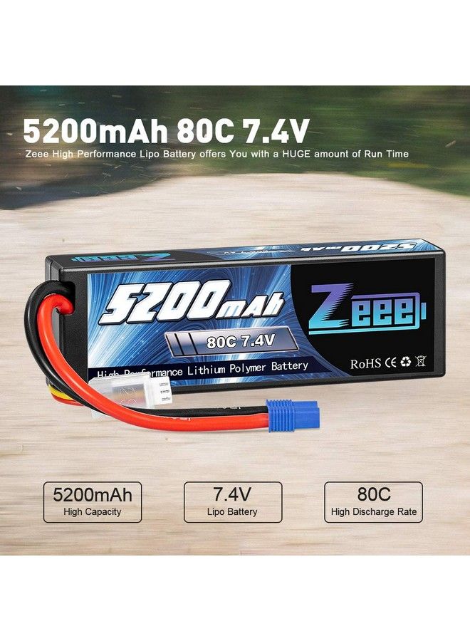 7.4V 2S Lipo Battery 5200Mah 80C Hard Case Battery With Ec3 Plug For 1/8 1/10 Rc Vehicles Car Rc Buggy Truggy Rc Airplane Drone(2 Pack)