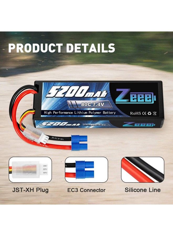 7.4V 2S Lipo Battery 5200Mah 80C Hard Case Battery With Ec3 Plug For 1/8 1/10 Rc Vehicles Car Rc Buggy Truggy Rc Airplane Drone(2 Pack)