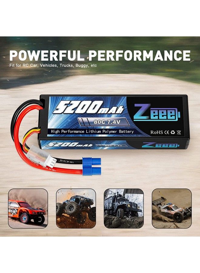 7.4V 2S Lipo Battery 5200Mah 80C Hard Case Battery With Ec3 Plug For 1/8 1/10 Rc Vehicles Car Rc Buggy Truggy Rc Airplane Drone(2 Pack)