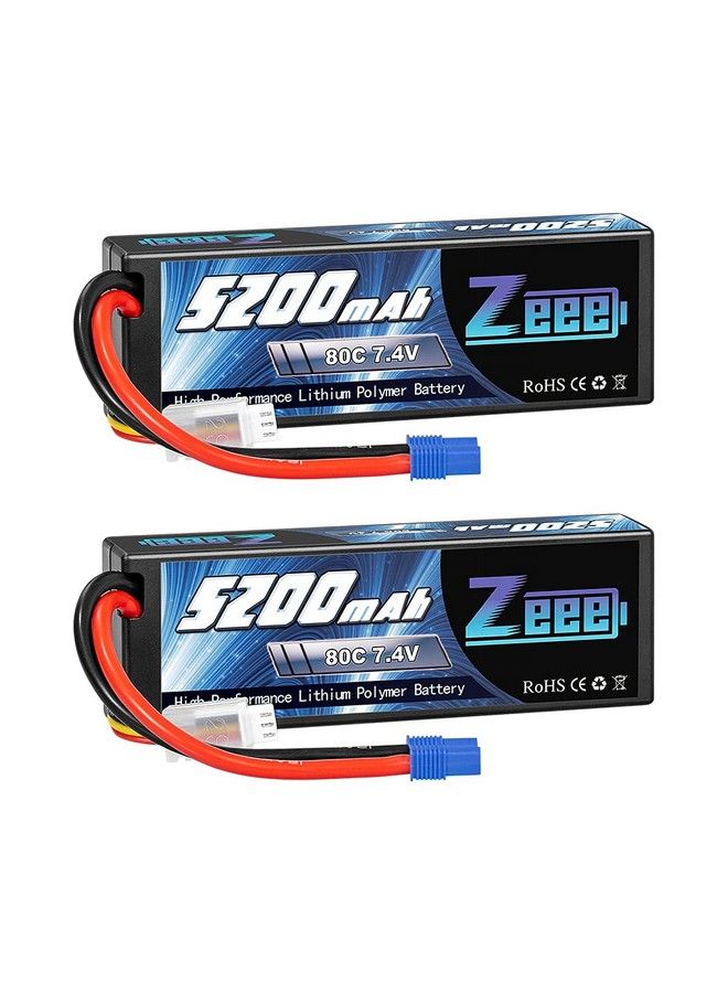 7.4V 2S Lipo Battery 5200Mah 80C Hard Case Battery With Ec3 Plug For 1/8 1/10 Rc Vehicles Car Rc Buggy Truggy Rc Airplane Drone(2 Pack)