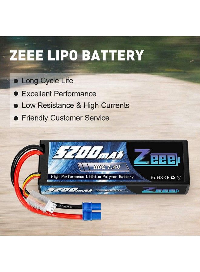 7.4V 2S Lipo Battery 5200Mah 80C Hard Case Battery With Ec3 Plug For 1/8 1/10 Rc Vehicles Car Rc Buggy Truggy Rc Airplane Drone(2 Pack)