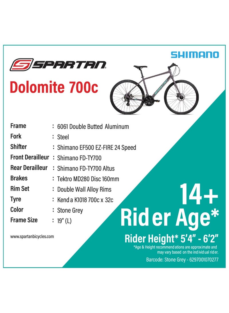 Spartan 700c Dolomite Fitness Bike | Lightweight Frame Alloy Road Bicycle | Shimano Shifters & Rear Derailleur | 24 Speed Cycle | Stone Grey | Frame Size Medium & Large