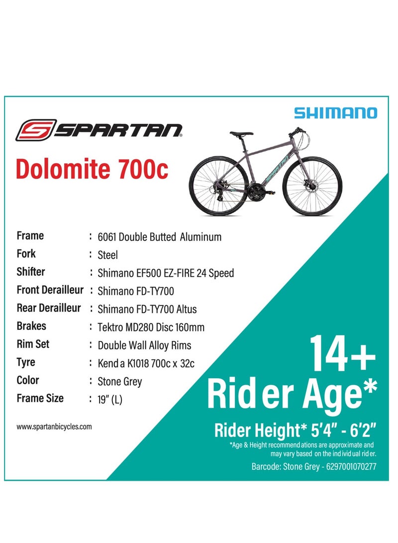 Spartan 700c Dolomite Fitness Bike | Lightweight Frame Alloy Road Bicycle | Shimano Shifters & Rear Derailleur | 24 Speed Cycle | Stone Grey | Frame Size Large