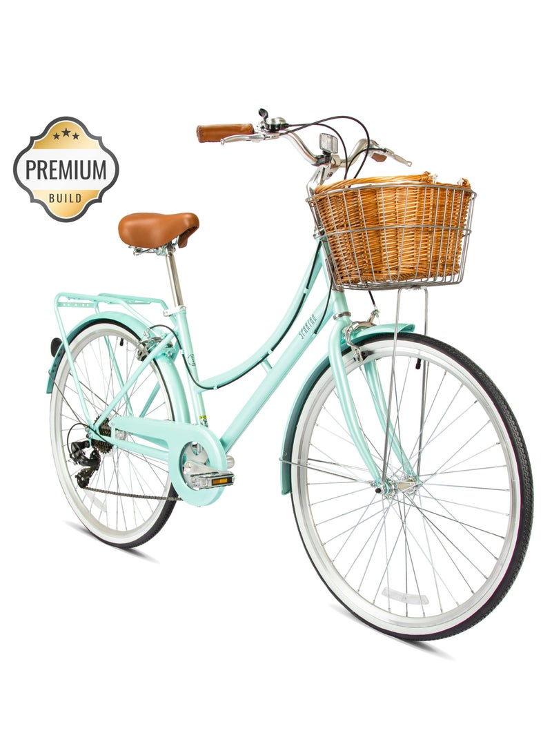 Spartan Platinum City Bike – 26 Inch – Bikes With Gears for Women – Cruiser Bicycle for Ladies – Includes Rear Rack, Vintage Basket and Stand, Comfort Saddle – Commuter Bicycles - Desert Sage