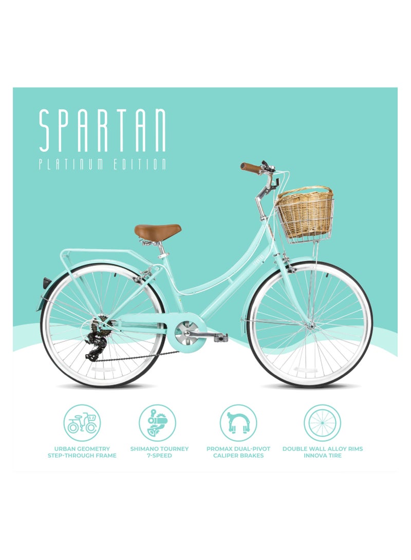 Spartan Platinum City Bike – 700c – Bikes With Gears for Women – Cruiser Bicycle for Ladies – Includes Rear Rack, Vintage Basket and Stand, Comfort Saddle – Commuter Bicycles - Desert Sage