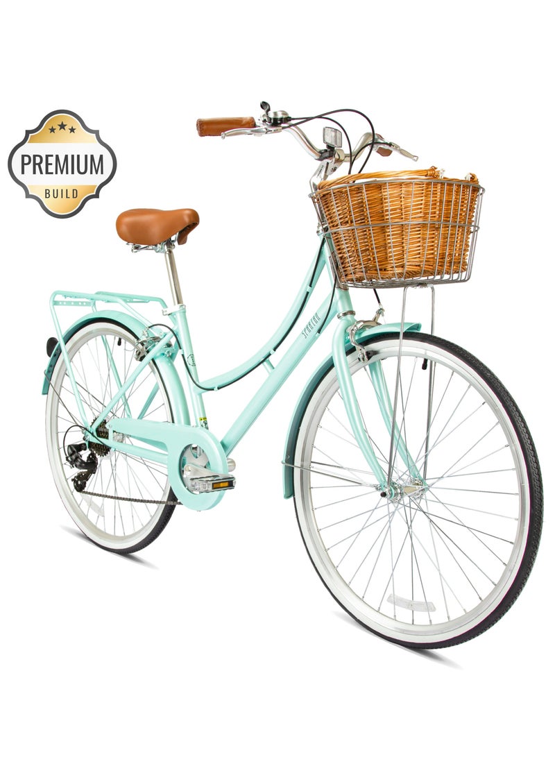 Spartan Platinum City Bike – 700c – Bikes With Gears for Women – Cruiser Bicycle for Ladies – Includes Rear Rack, Vintage Basket and Stand, Comfort Saddle – Commuter Bicycles - Desert Sage