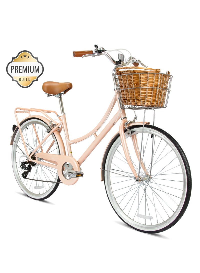 Spartan Platinum City Bike – 26 Inch – Bikes With Gears for Women – Cruiser Bicycle for Ladies – Includes Rear Rack, Vintage Basket and Stand, Comfort Saddle – Commuter Bicycles - Peach