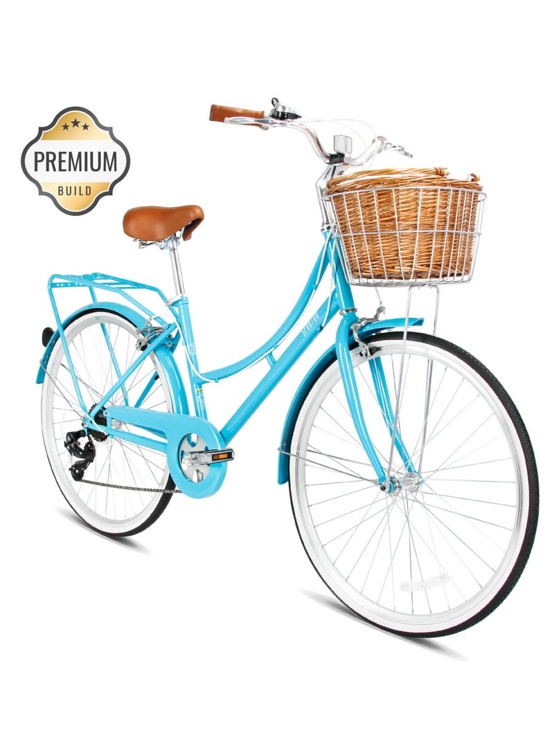 Spartan Platinum City Bike – 26 Inch – Bikes With Gears for Women – Cruiser Bicycle for Ladies – Includes Rear Rack, Vintage Basket and Stand, Comfort Saddle – Commuter Bicycles - Turquoise