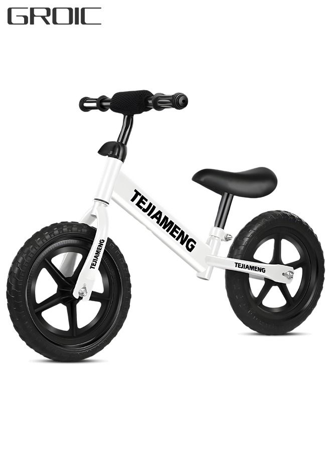 Balance Bike, No Pedal Training Bicycle, Lightweight Frame, Adjustable Seat and Handlebars, Walking Bicycle for Boy Girl - White