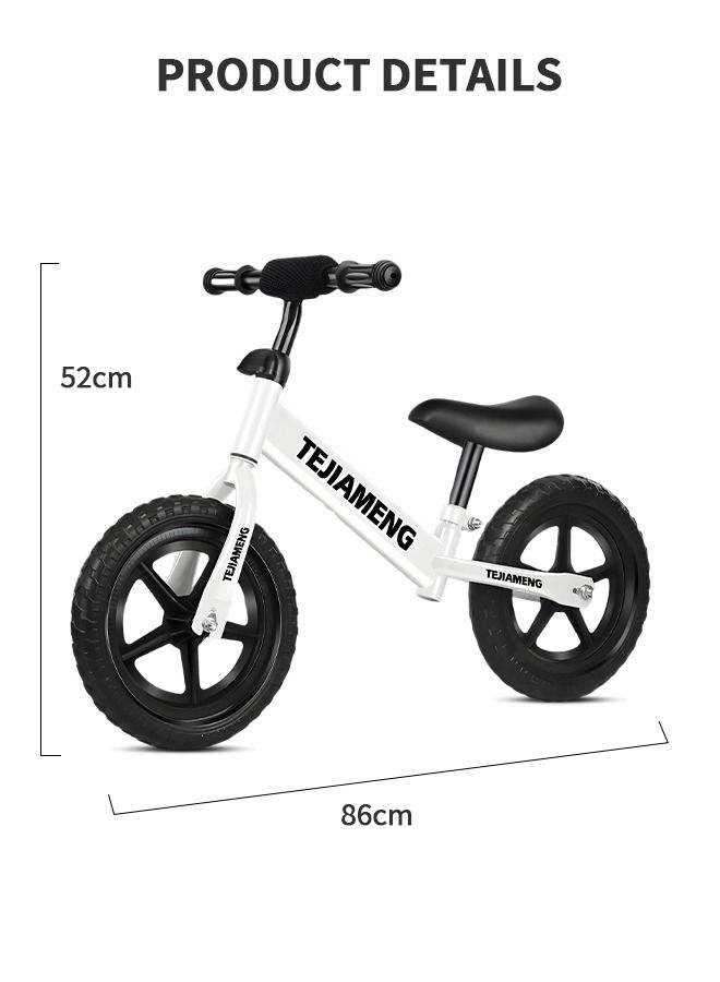 Balance Bike, No Pedal Training Bicycle, Lightweight Frame, Adjustable Seat and Handlebars, Walking Bicycle for Boy Girl - White