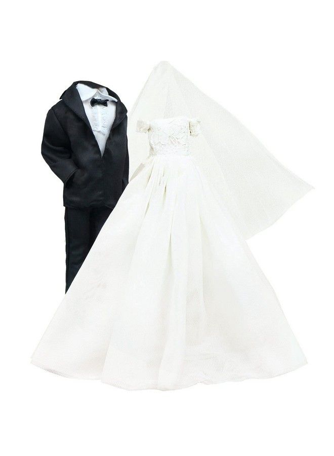 Wedding Set White Dress Bridal Veil And Groom Formal Suit Outfit For Boys Girl 11.5 In. Doll Clothes