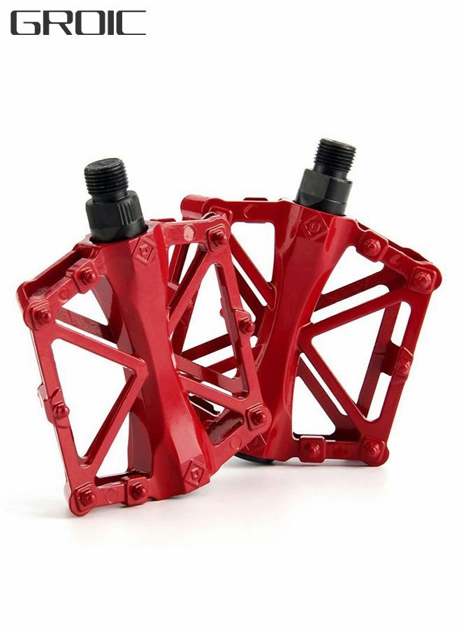 Mountain Road Bicycle Flat Bike Pedals 9/16 for MTB with 16 Anti-Skid Pins -Universal Lightweight Aluminum Alloy Platform Pedal-Red