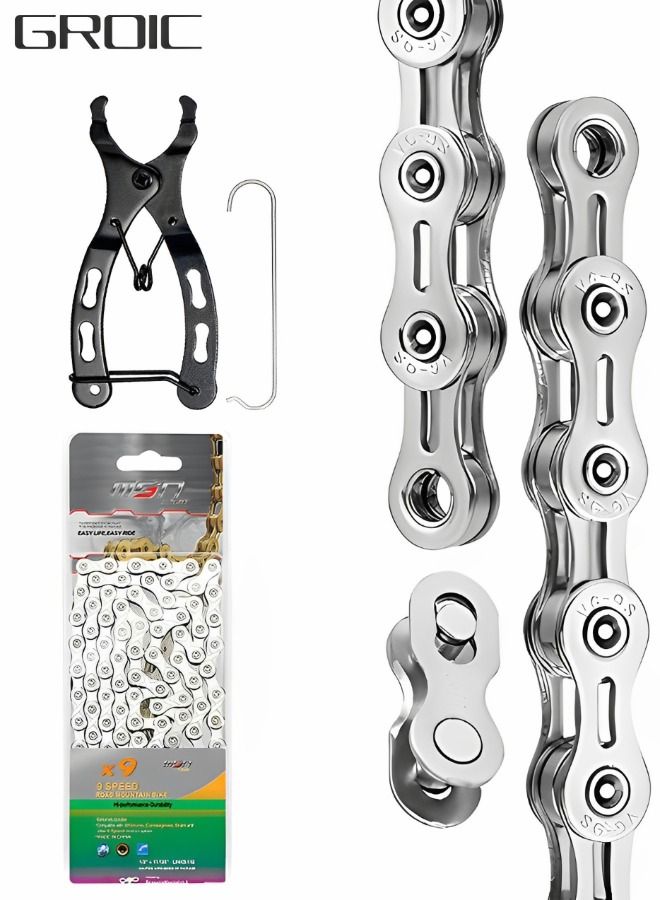 Bike Chain 9 Speed 116 Links Half Hollow Lightweight Bicycle Chains with Quick-release Magic Buckle Dismantling and Installing Tool for Road Bike/MTB/BMX Chain