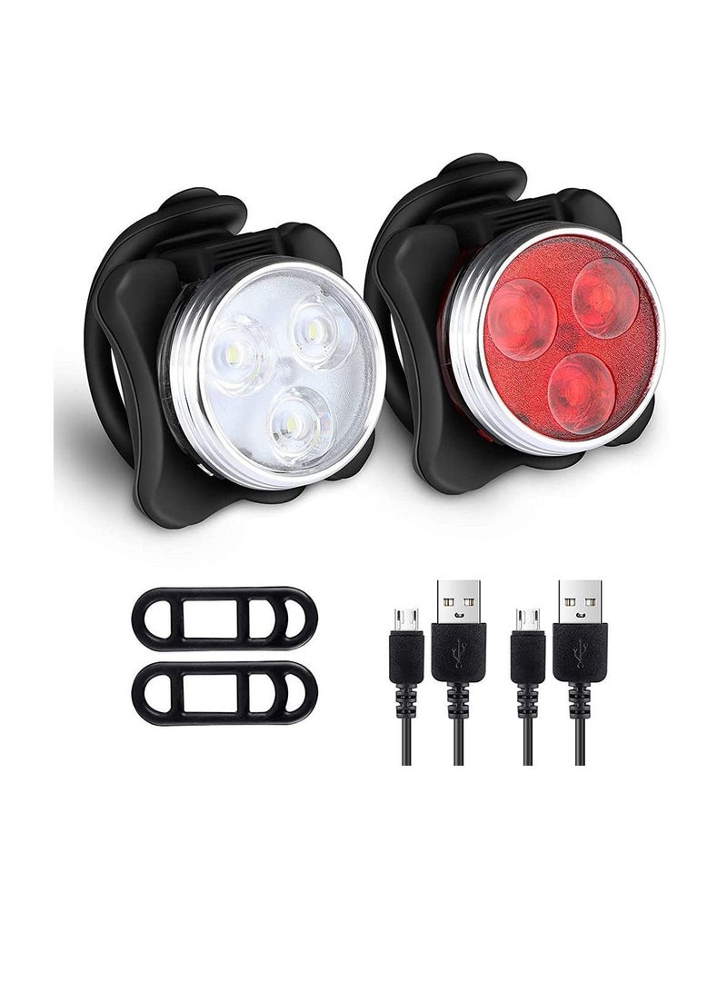 Bike Light Set, Super Bright USB Rechargeable Bicycle Lights, 4 Brightness Modes Options Cycling Front and Rear Light, Waterproof Mountain Road Lights (2 Cables, Straps)