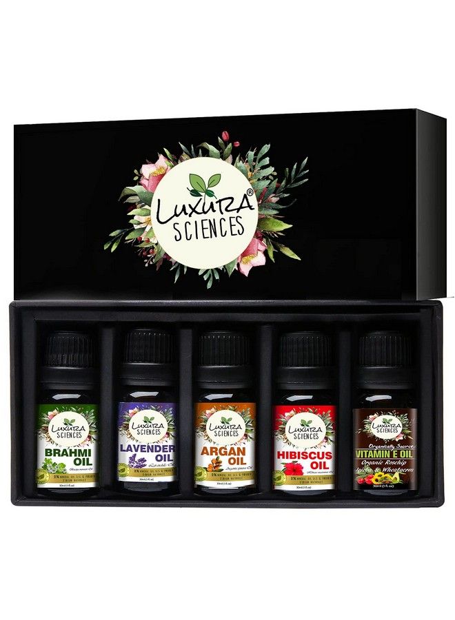 Organic Essential Oil Combo Pack Of 5 Oils ;Daily Scalp Health Essential Oil Kit 5 * 15Ml (Hibiscus Oil; Brahmi Oil; Argan Oil; Lavender Oil; Vitamin E Oil)