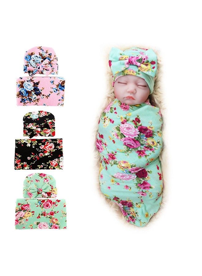 Bqubo Newborn Floral Receiving Blankets Newborn Baby Swaddling Hats Sleepsack Toddler Warm 3 Pack