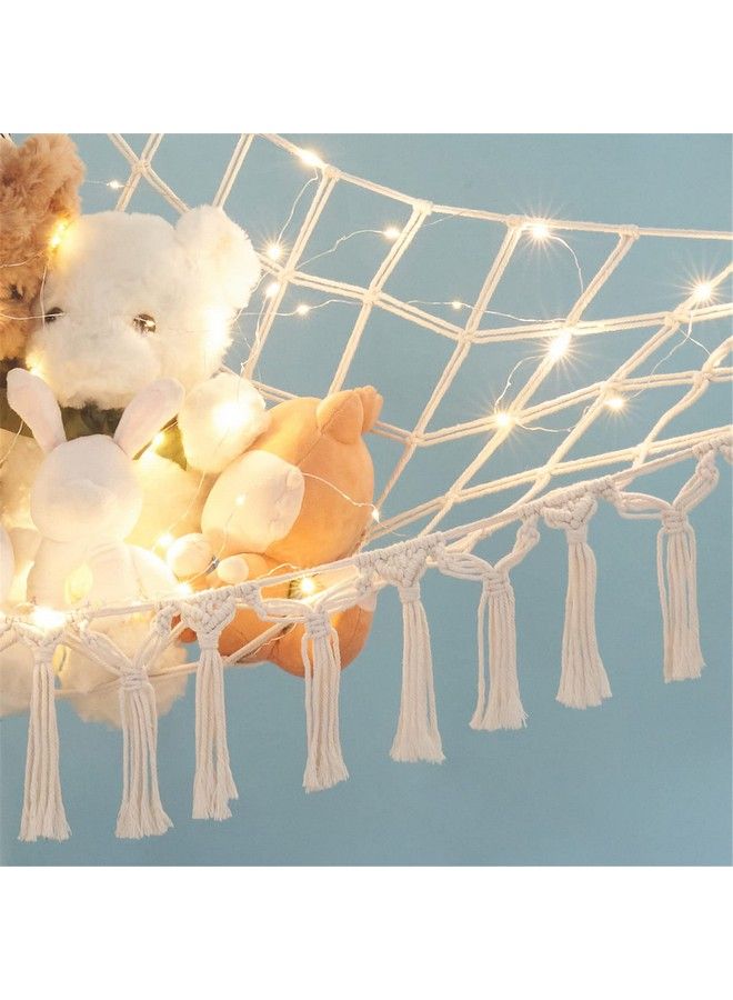 Stuffed Animal Hammock Boho Toy Storage Organizer Hanging Stuff Animals Net Holder With Decorative Tassels And Lights Large Corner Plush Toys Display Hammock For Nursery Kid Room Playroom Ivory