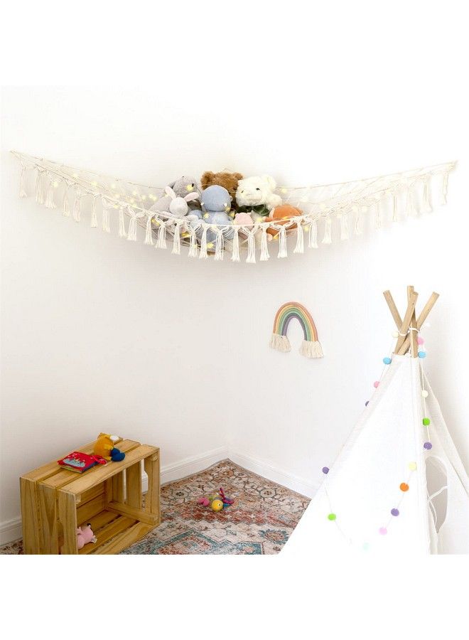 Stuffed Animal Hammock Boho Toy Storage Organizer Hanging Stuff Animals Net Holder With Decorative Tassels And Lights Large Corner Plush Toys Display Hammock For Nursery Kid Room Playroom Ivory