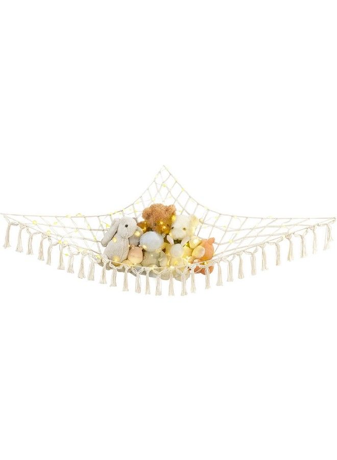 Stuffed Animal Hammock Boho Toy Storage Organizer Hanging Stuff Animals Net Holder With Decorative Tassels And Lights Large Corner Plush Toys Display Hammock For Nursery Kid Room Playroom Ivory